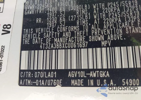 2012 Toyota Venza Xle z USA, uszkodzony, nr VIN 4T3ZA3BBXCU061697